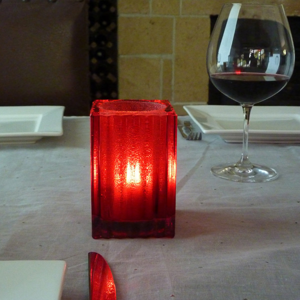 "Red Jewel" Mini  Block Candle Lamp Vertical Rib -w/ Multi-Colour (Red) LED